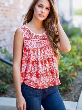 Free People Tank Red combo Lucky Coin Printed in Festive Size L Linen & cotton